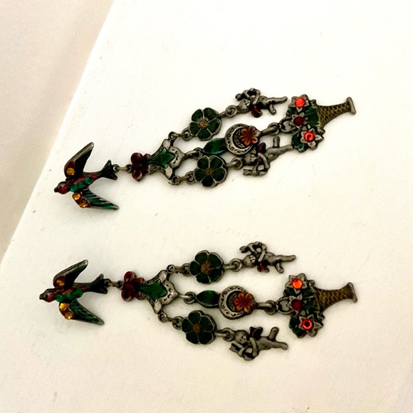 Don-Lin Chandelier Post and Clutch Earrings Enamel Sparkly Stones Vintage - Picture 11 of 15